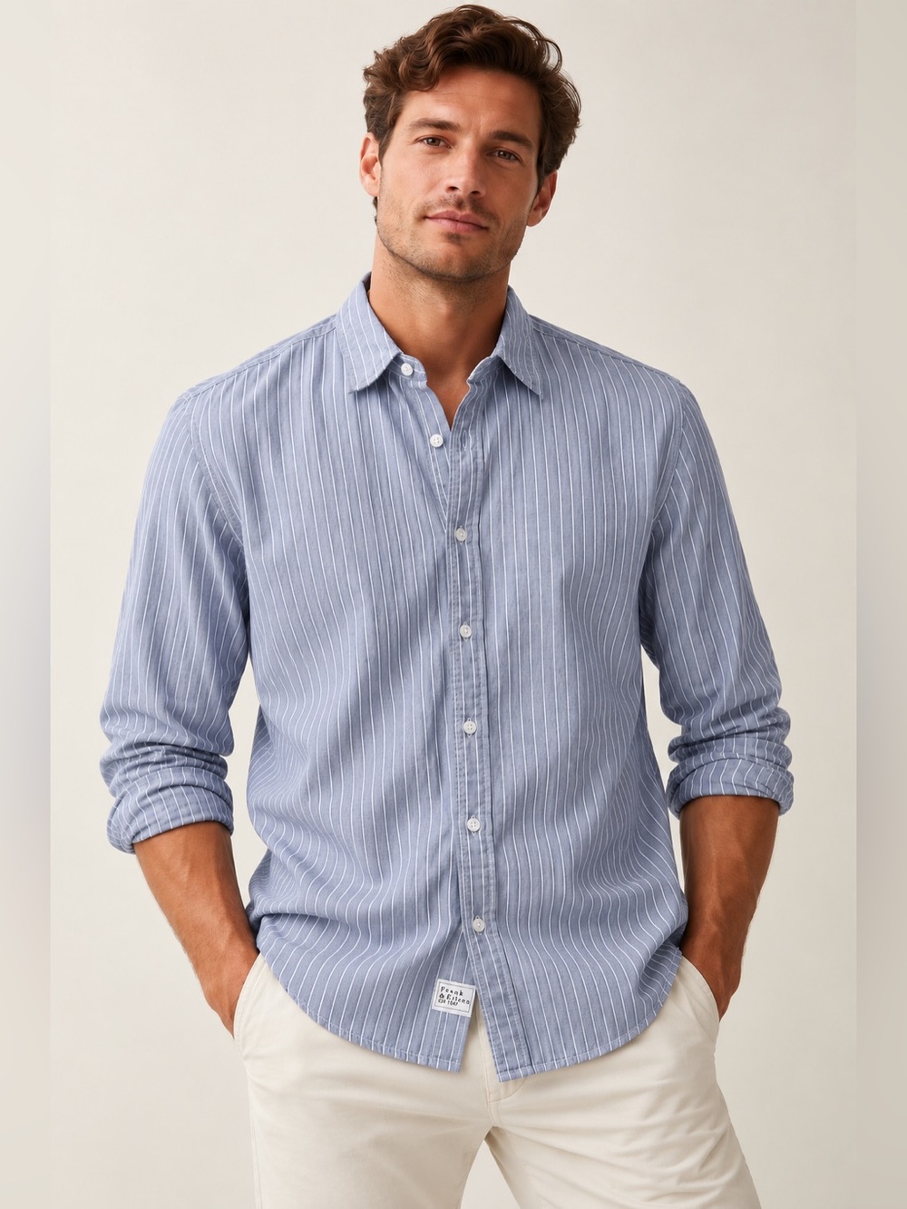 Frank & Eileen Finbar Men’s Italian Cotton Blue White Stripe Button Down Shirt S